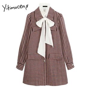 Yitimuceng plaid boog jurken vrouwen mini a-line lente vierkante kraag lange mouw single breasted losse taille office lady 210601