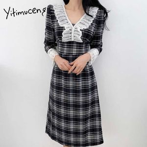 Yitimuceng plaid jurken voor vrouwen kant skinny vintage midi jurk Koreaanse mode lange mouw kantoor dame zwarte lente 210601