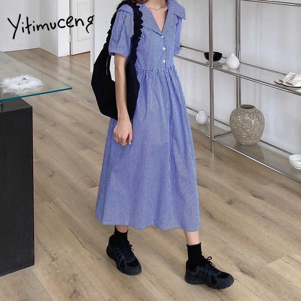 Yitimuceng Robes à carreaux pour femmes Été Mode coréenne à lacets Boutons Midi Robe Midi Bleu Noir Style Preppy Style Sundress 210601