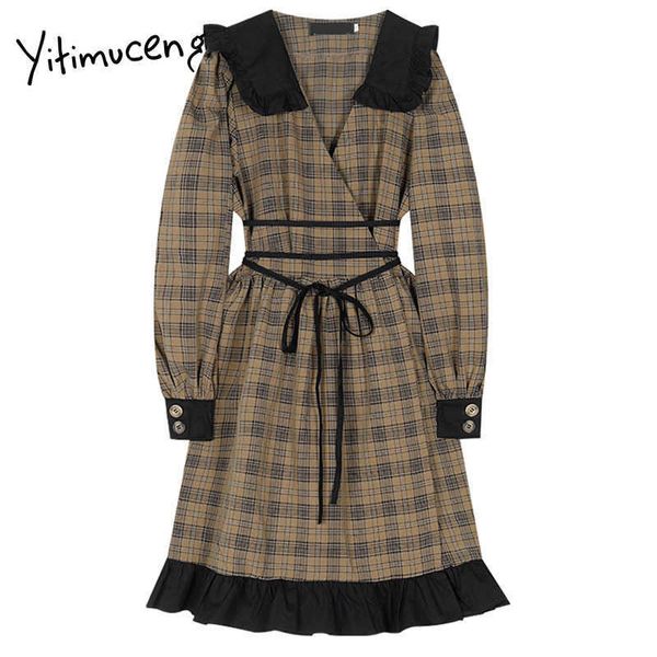 Yitimuceng Plaid Fajas Vestidos Vintage Mujeres Mini A-Line Primavera Cintura alta Puff Manga Peter Pan Collar Office Lady 210601