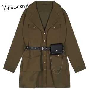 Yitimuceng Poches Robes Femmes Lâche Solide Printemps Mini Cranté Simple Boutonnage Français Vêtements De Mode Safari Style 210601