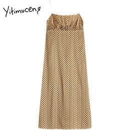 Yitimuceng Print Folds Camis Vestidos de cintura alta Mujeres Slash Neck A-line Ropa Verano Moda francesa Mini vestido 210601