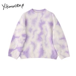 Yitimuceng Imprimer Chandails Automne Femmes Vêtements Violet O-cou Manches Chauve-Souris Pulls Tricot Coréen Top Mode Japonaise 210601