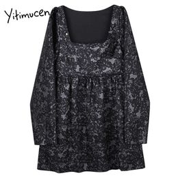 Yitimuceng estampado cremalleras vestidos mujer A-Line sólido negro primavera Puff manga cuello cuadrado ropa francesa Oficina señora 210601