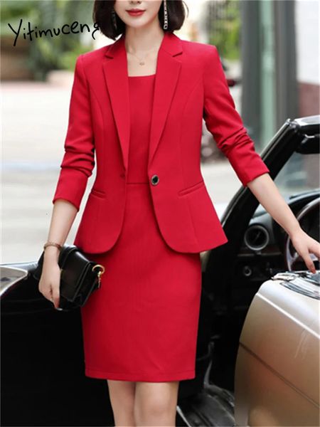 Yitimuceng rouge 2 pièces ensembles tenue de bureau femmes mode simple bouton mince col rabattu Blazers élégant Mini robe costumes 240108