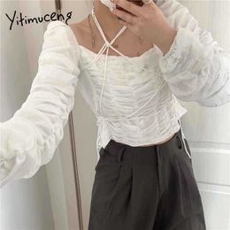 Yitimuceng Ruched Blouse Dames Bandage Bare Shoulder Shirts Puff Sleeve Unicolor White Clothes Summer Korean Fashion Tops 210601
