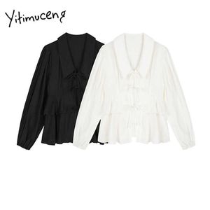 Yitimuceng ruches blouse vrouwen lace up shirt wit zwart lange mouw V-hals kleding lente zomer Koreaanse mode tops 210601