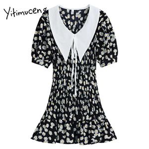 Yitimuceng Ruffles Floral Pint Bow Lace Up Hoge Taille Jurken Dames Peter Pan Collar A-lijn Zomer Franse Mini Jurk 210601