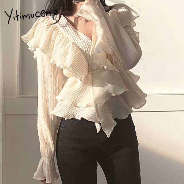 Yitimuceng Ruffles Shirts Femme Slim Office Lady Tops Mode Longue Flare Blouse Blouse Solide Abricot Rose Printemps Été 210601