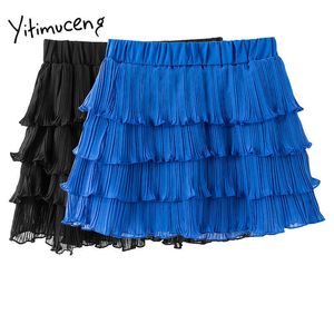 Yitimuceng volants jupe femmes plissée Mini taille haute solide noir bleu vêtements printemps été coréen mode jupes 210601