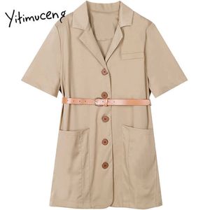 Yitimucung Sashes Robes Femmes Mini Solide Summer Simple Simple Single Court manches courtes High Taille Corean Office Dame 210601