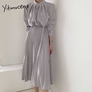 Yitimuceng shirt jurken voor vrouwen knop omhoog hoge taille a-lijn lente zomer Koreaanse mode elegante kantoor dame jurk 210601