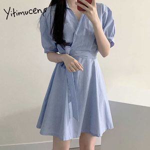 Yitimuceng chemise robes pour femmes grande taille rayé Mini robe taille haute à lacets bleu robe d'été mode coréenne 210601