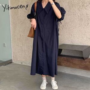Yitimuceng chemise robes femmes surdimensionné bouton Up robe mi-longue taille haute unicolore bleu marine robe d'été mode coréenne 210601