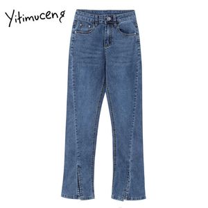 Yitimuceng Skinny High Pants getailleerd Bell Bodem Slit Jeans voor Vrouwen Volledige lengte Denim Wide Pen Flare Comfortabele kleding 210601