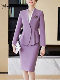 Yitimuceng, chaqueta y falda ajustadas de 2 piezas, moda de oficina para mujer, chaquetas de manga larga con cuello en V, trajes de falda lisos elegantes 240127