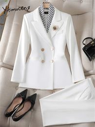 Yitimuceng, conjuntos de dos piezas ajustados para oficina para mujer, chaquetas con cuello vuelto y doble botonadura, minifalda elegante, trajes 240312