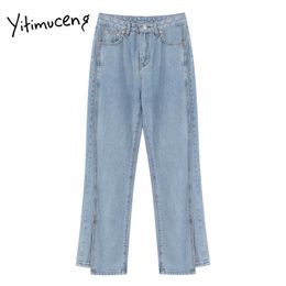 Yitimuceng Jeans fendus pour femmes, plus la taille, taille haute, pantalon en denim droit, bouton maman, pleine longueur, vêtements confortables irréguliers 210601