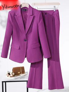 Yitimuceng Solid Two -Piece Sets Dames Outifits Office Ladies Casual Turn Down Collar Blazer High Taille Flare Pant Suits 240319