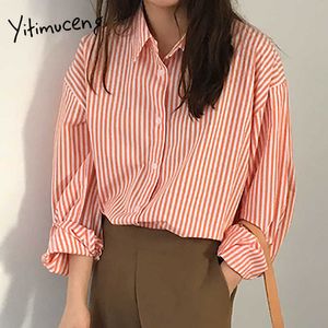 Yitimuceng chemisier rayé femmes bureau dame chemises boutonnées à manches longues bleu Orange printemps été coréen hauts à la mode 210601