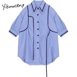 Yitimuceng Blusa a rayas Camisas para mujer Camisas sueltas de verano Cuello vuelto Tres cuartos Decoración tridimensional Tops 210601