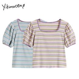 Yitimuceng Gestreepte T-shirts Vrouw Bladerdeeg Mouw Vierkante Kraag Tees Straight Tops Zomer Mode Eenvoudige Stijl Tshirts 210601