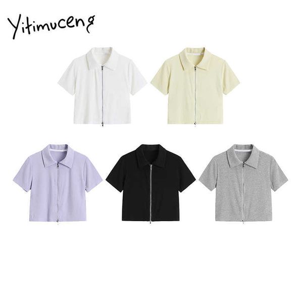 Camisetas Yitimuceng, camisetas de punto rectas con cremallera para mujer, camisetas Unicolor blancas, amarillas y negras, camisetas de moda coreana de verano 210601