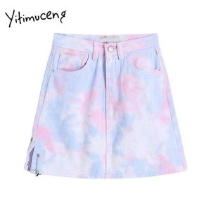 Yitimuceng Tie Dye Rok Vrouw Spleet Rokken Meisjes Paars Hoge Taille Pocket Gevoerde Kleding Zomer Mini Elegant Fashion Treetwear 210601