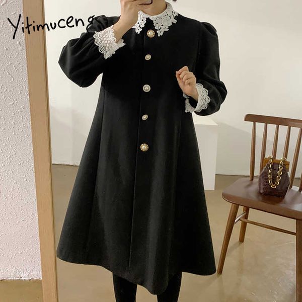 Yitimuceng vestidos vintage para mujer botón moda coreana Midi vestido manga larga cuello Peter Pan albaricoque negro primavera 210601