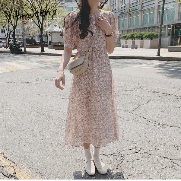 Yitimuceng Vintage Floral Print Robe pour femmes Midi Mousseline de mousseline Boho Robes Taille haute Rose Abricot Été Mode coréenne 210601