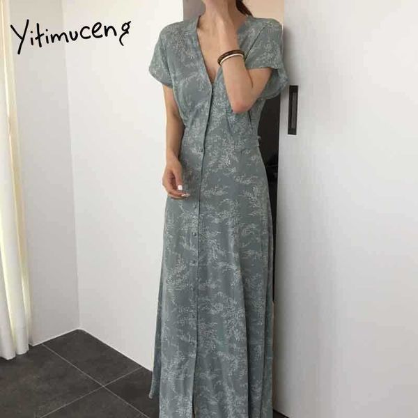 Yitimuceng Vintage Robes d'impression florale pour femmes Bandage Boho Maxi Robe Taille haute Gris Vert Robe d'été Mode 210601