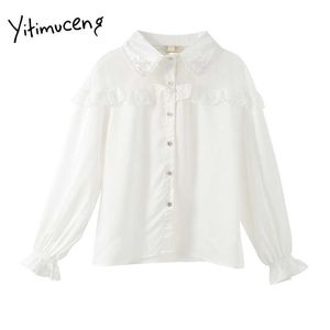 Yitimuceng Blouse blanche Femmes Bouton Up Gaze Chemises Peter Pan Col Flare Manches Printemps Été Coréen Mode Tops 210601