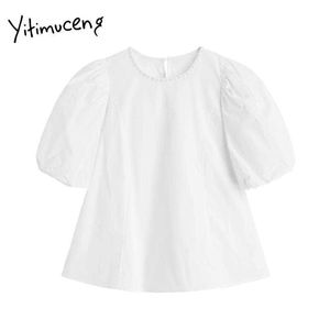 Yitimuceng Wit Blouse Dames Geborduurde Flares Shirts Rechte Puff Sleeve O-hals Unicolor Zomer Koreaanse Mode Tops 210601