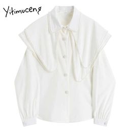 Yitimuceng blanc Blouse femmes perle bouton Up chemises lâche asymétrique Double couche unicolore printemps coréen hauts à la mode 210601