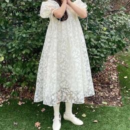 Yitimuceng witte jurken voor vrouwen mousseline kant midi jurk hoge taille mode bladerdeeg mouw kawaii sundress zomer Korean 210601