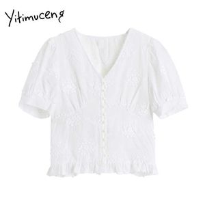 Yitimuceng White Floral Blouse Dames Ruches Korte Shirts Puff Sleeve V-hals Solid Kleding Zomer Koreaanse Mode Tops 210601