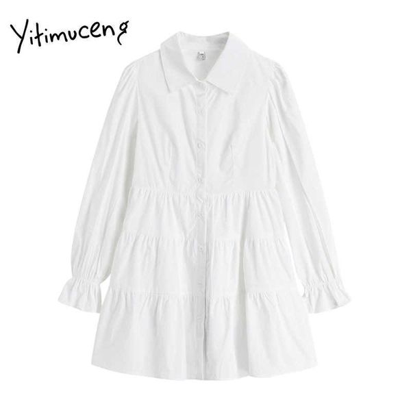 Yitimucuneng chemise blanche robes pour femme robe a-ligne à ressort solide bouton à manches à manches longues à manches longues de mode Dame 210601