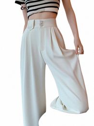 Yitimuceng trajes blancos pantalones mujeres 2023 nueva pierna ancha de cintura alta pantalones rectos fi coreanos con cinturón elegante pantalones casuales v9o6 #