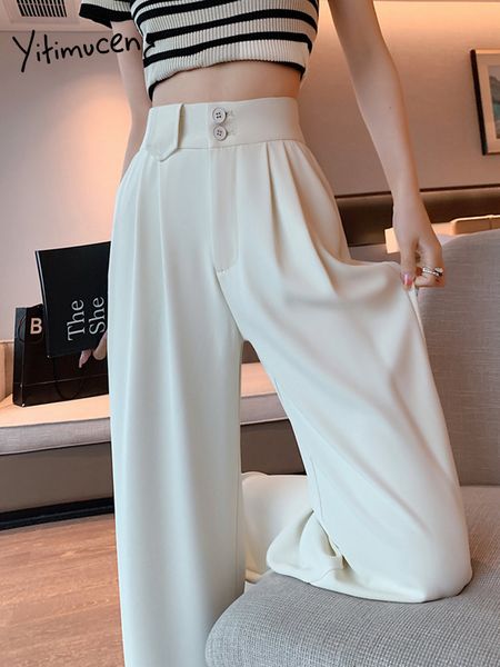 Yitimuceng blanc costumes pantalons femmes 2023 nouvelle jambe large taille haute mode coréenne pantalon droit Whit ceinture élégant décontracté