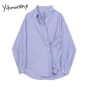Yitimuceng blanc femmes Blouses décontracté à manches longues bleu rayé bureau dame chemise col rabattu boutonné chemises hauts amples 210601