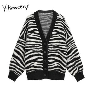 Yitimuceng Zebra Pattern Pull Femmes Cardigans Tricoté Mohair Col V Coréen Tops Plus Taille Automne Printemps Vêtements Japonais 210601