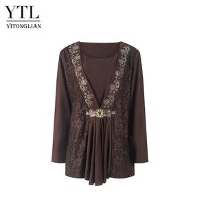 Yitonglian dames vintage bronze luxry en dentelle femme chemises plus taille 6xl 7xl 8xl à manches longues