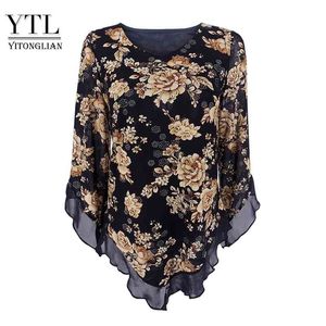 Yitonglian, bufanda con estampado Floral Vintage para mujer, cuello en V, parte superior de mariposa, blusa de malla de talla grande, camisa larga holgada con dobladillo en V H369 210323