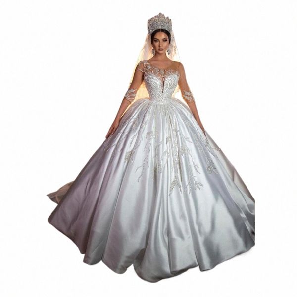 Yiwumensa Royal Wedding Dres Sparkly Lentejuelas Apliques Satén Vestidos de novia 3/4 Mangas O Cuello Mujeres Ropa de fiesta formal O1Mq #