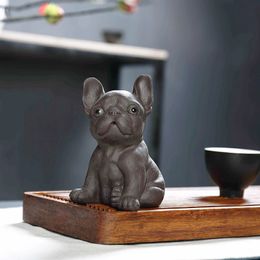 Yixing Boutique Thé en argile violette pour animal de compagnie, bouledogue français, ornements ménagers, sculpture artisanale, décoration de cérémonie du thé, 240130