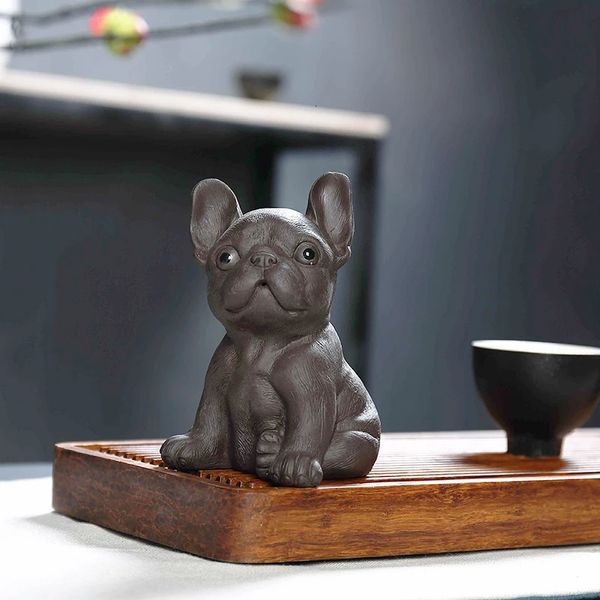 Yixing Boutique Thé en argile violette pour animal de compagnie, bouledogue français, ornements ménagers, sculpture artisanale, décoration de cérémonie du thé, 240103