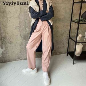 Yiyiyouni Otoño Invierno Fleece pantalones de cuero sueltos mujeres cintura alta cremallera Fly Casual Pink PU pantalones femeninos 211124