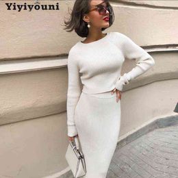 Yiyiyouni Casual pull tricoté et jupe 2 pièces ensemble femmes pull en cachemire tricoté mince et jupe midi ensemble dame tenues costume 211119