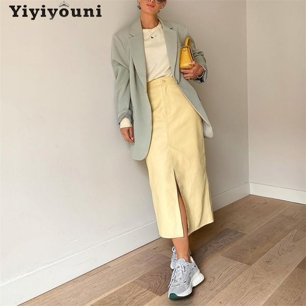 Yiyiyouni taille haute avant jupe en cuir fendu femmes automne hiver droite mi-mollet jupes femme bureau dame solide Faldas 211120