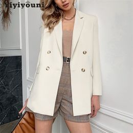 Yiyiyouni Office Lady Blazer blanco Sólido Abrigos de un solo pecho Mujer Otoño Invierno Chaquetas de manga larga Bolsillos 211006